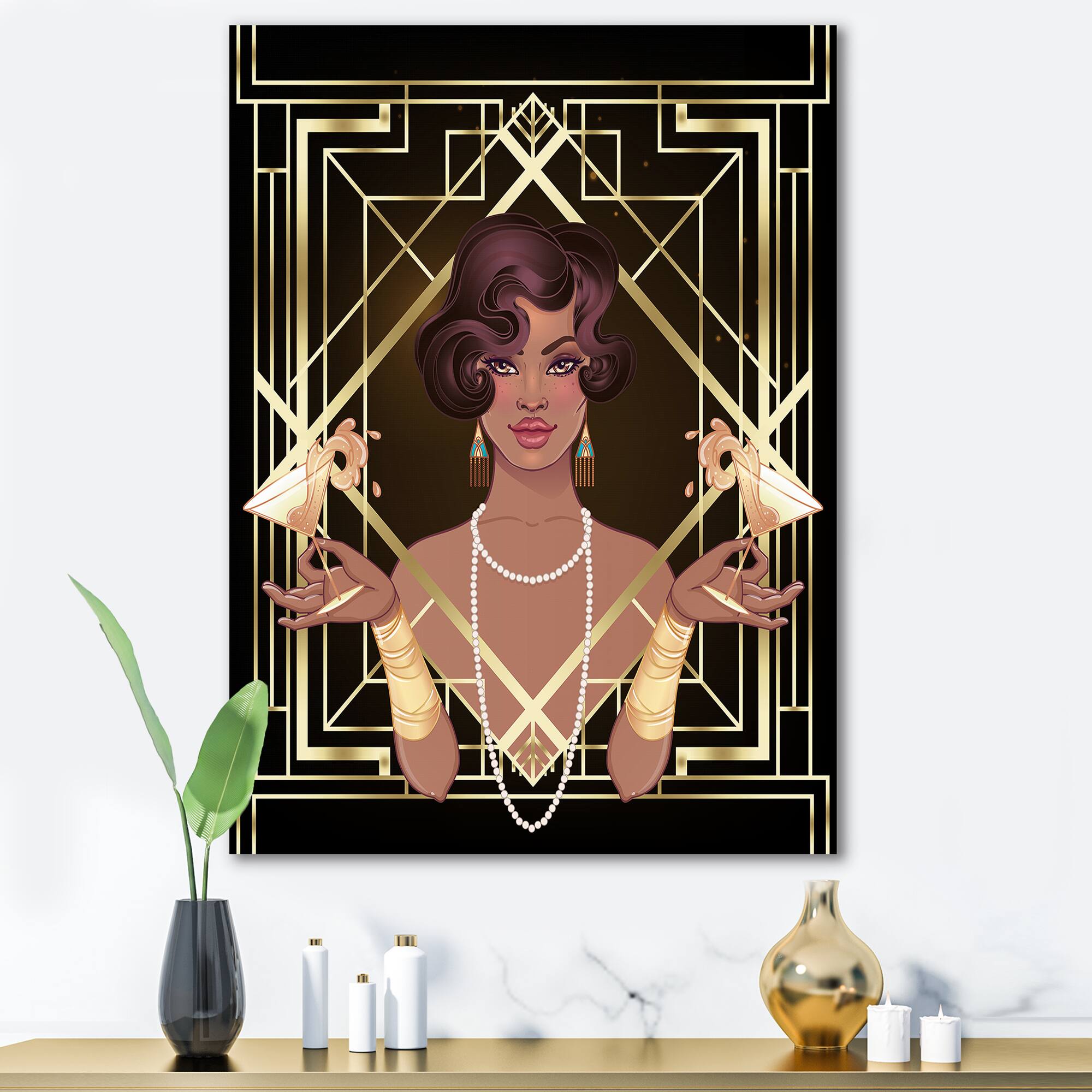 Designart - Retro Women In Golden Art Deco Geometrics I